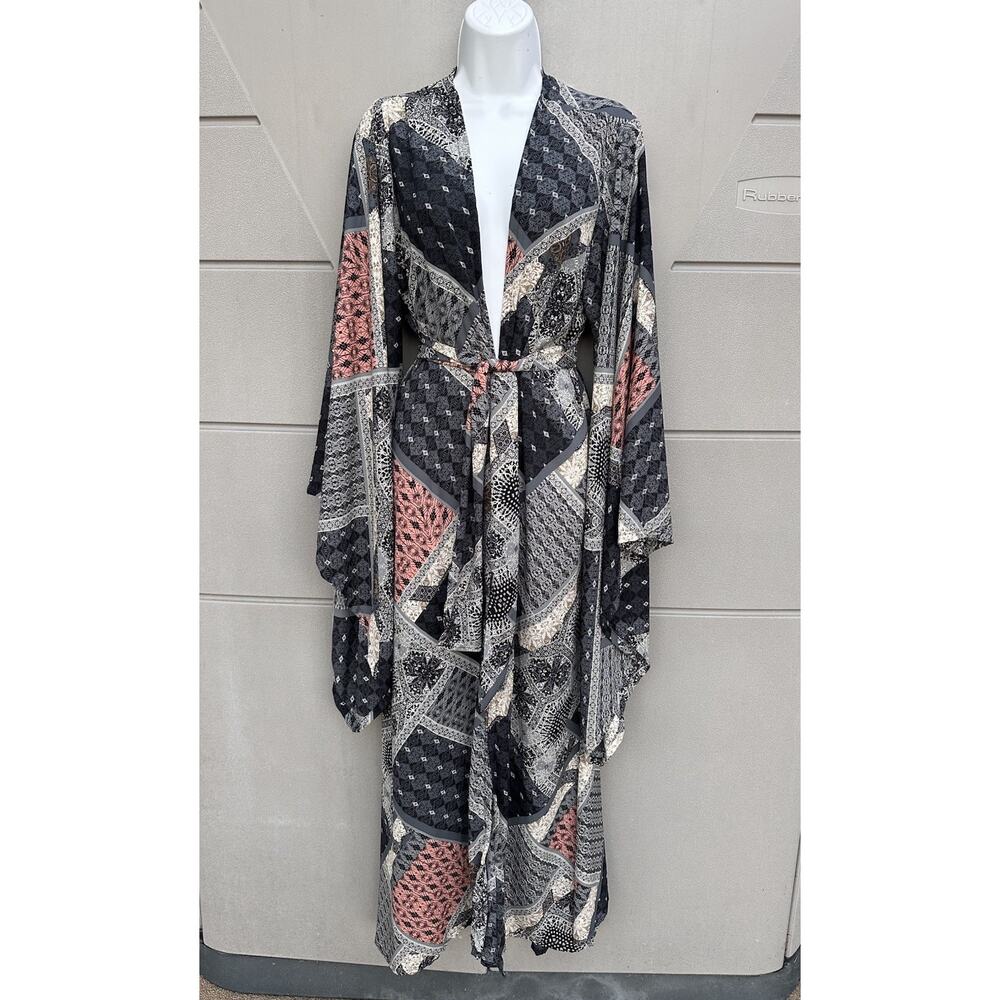 Jennafer Grace Handmade Belted Kimono Duster In Earl Grey Scarf Patchwork Boho L - Picture 2 of 11